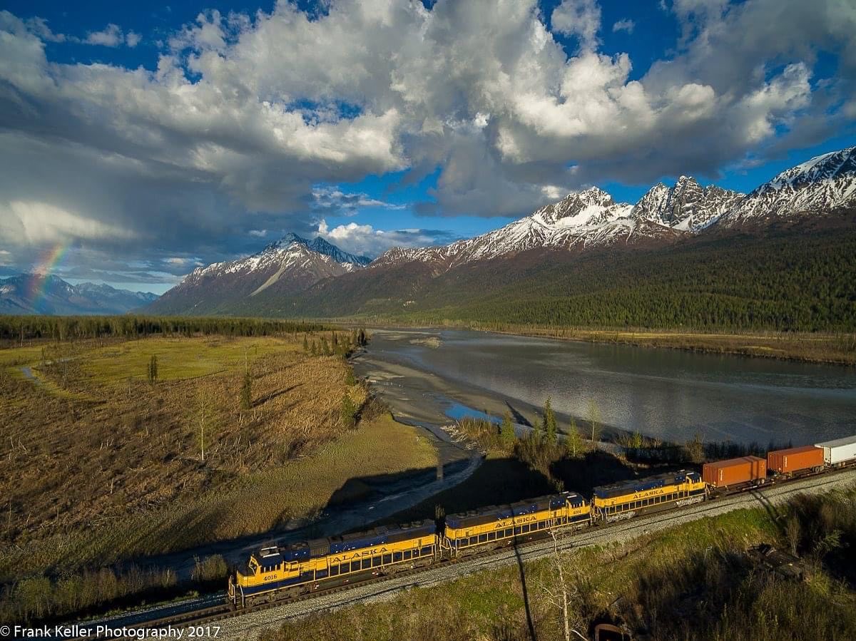 A partial rainbow greet the northbound freight as they cross the Knik River about 45 minutes into their 12 hour journey.