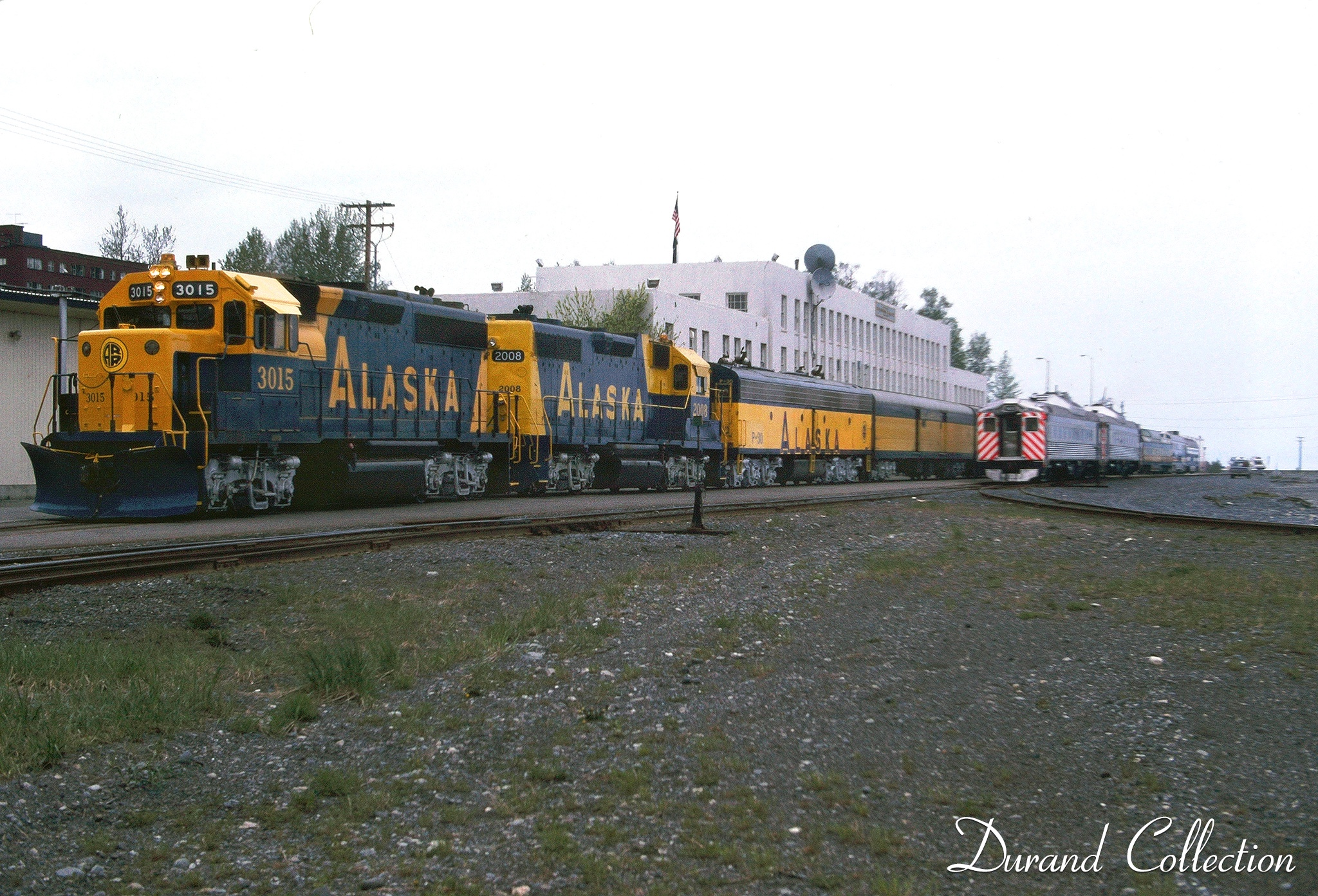 Passenger train and RDCs at the Anchorage Depot. 1980s 